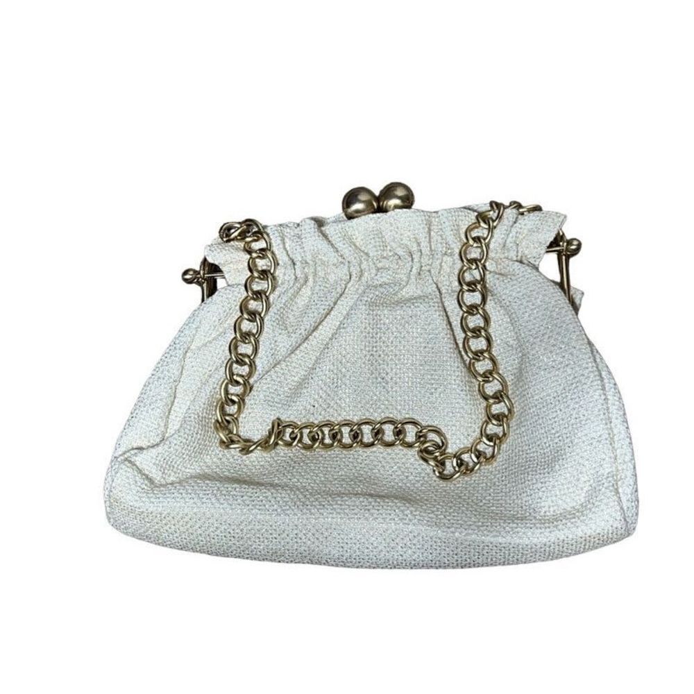 Vintage Avon Beige Metallic Canvas Purse, Handbag with Chain Strap